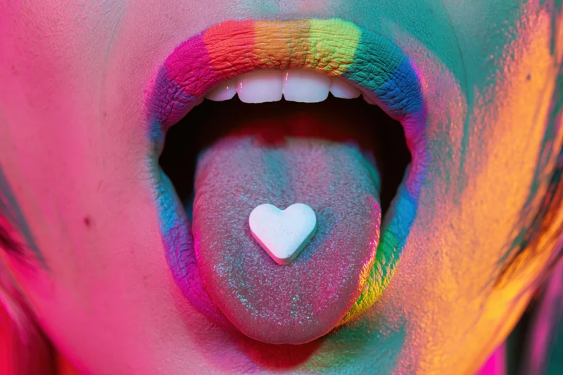Woman with open mouth and extended tongue holding heart-shaped candy, face covered in colorful powder