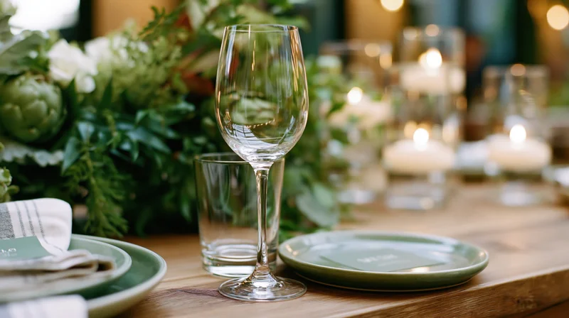 Elegant table setting with green plates, wine glass, candles and floral centerpiece for a wedding reception