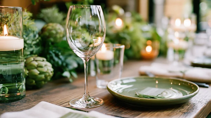 Elegant table setting with wine glass, green plate, candles, and artichoke centerpiece on wooden surface