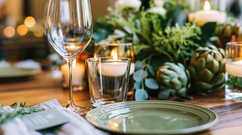 Elegant table setting with candles, greenery and dinnerware for a formal event