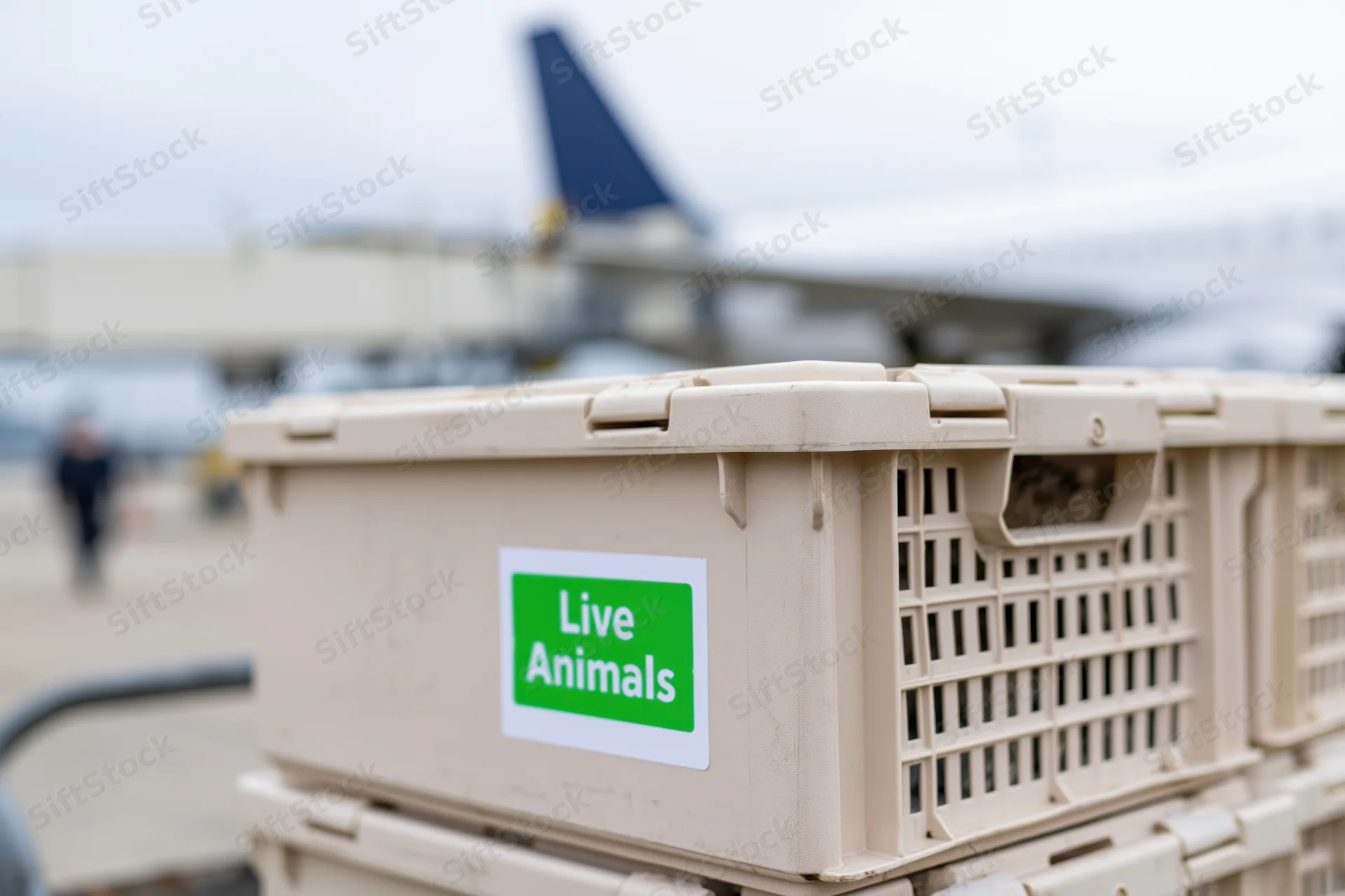 Beige plastic pet transport crate labeled live animals stacked on tarmac near airplane