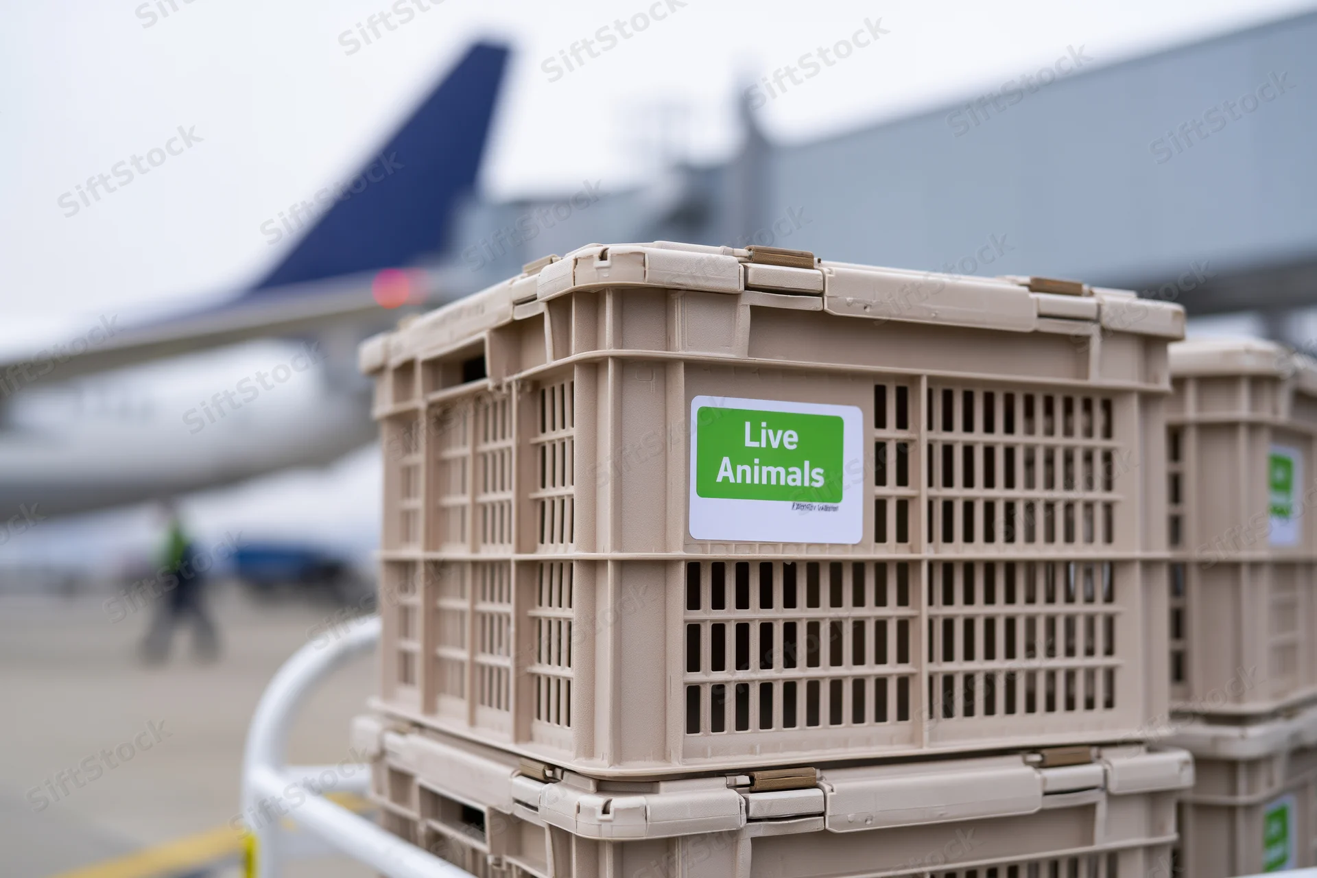 Stacked beige plastic pet transport crates with live animals label on airport tarmac near airplane