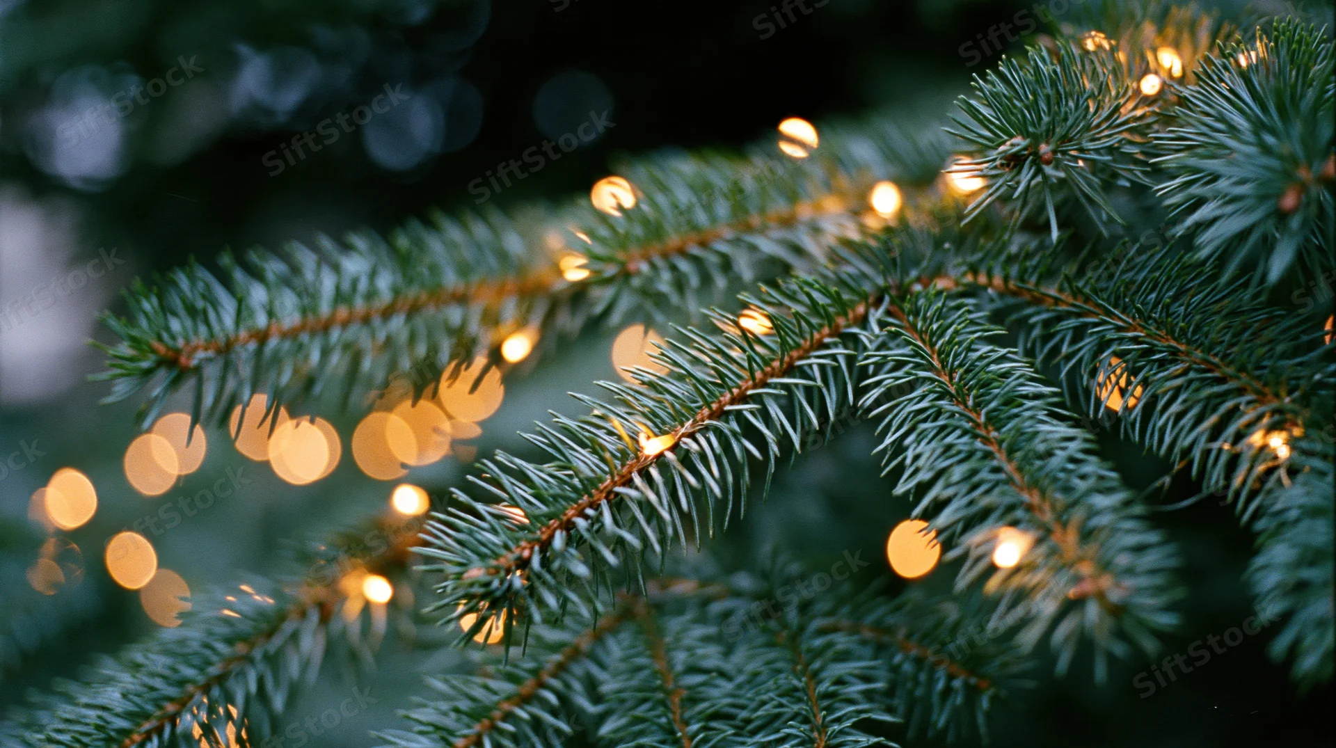 Close-up of spruce branches with golden lights and soft bokeh in a dark outdoor setting