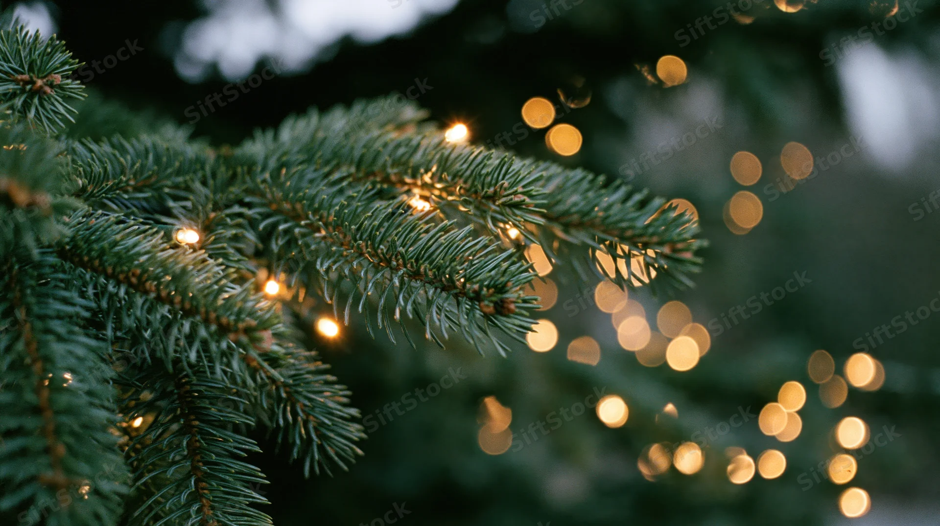 Close-up of spruce branches with golden lights and soft bokeh in the background