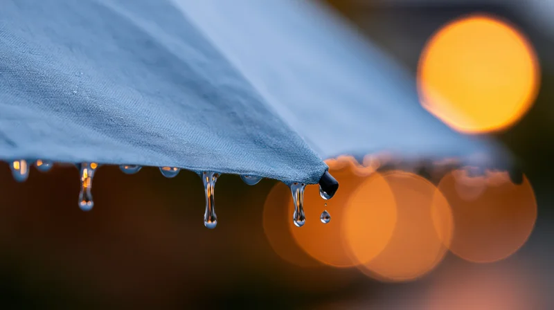 Rain droplets falling from the edge of a blue umbrella at night with blurred orange lights in the background