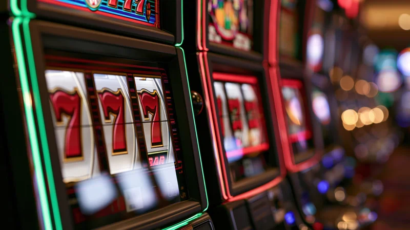 Slot machines lined up in a casino with glowing screens showing red sevens and bars