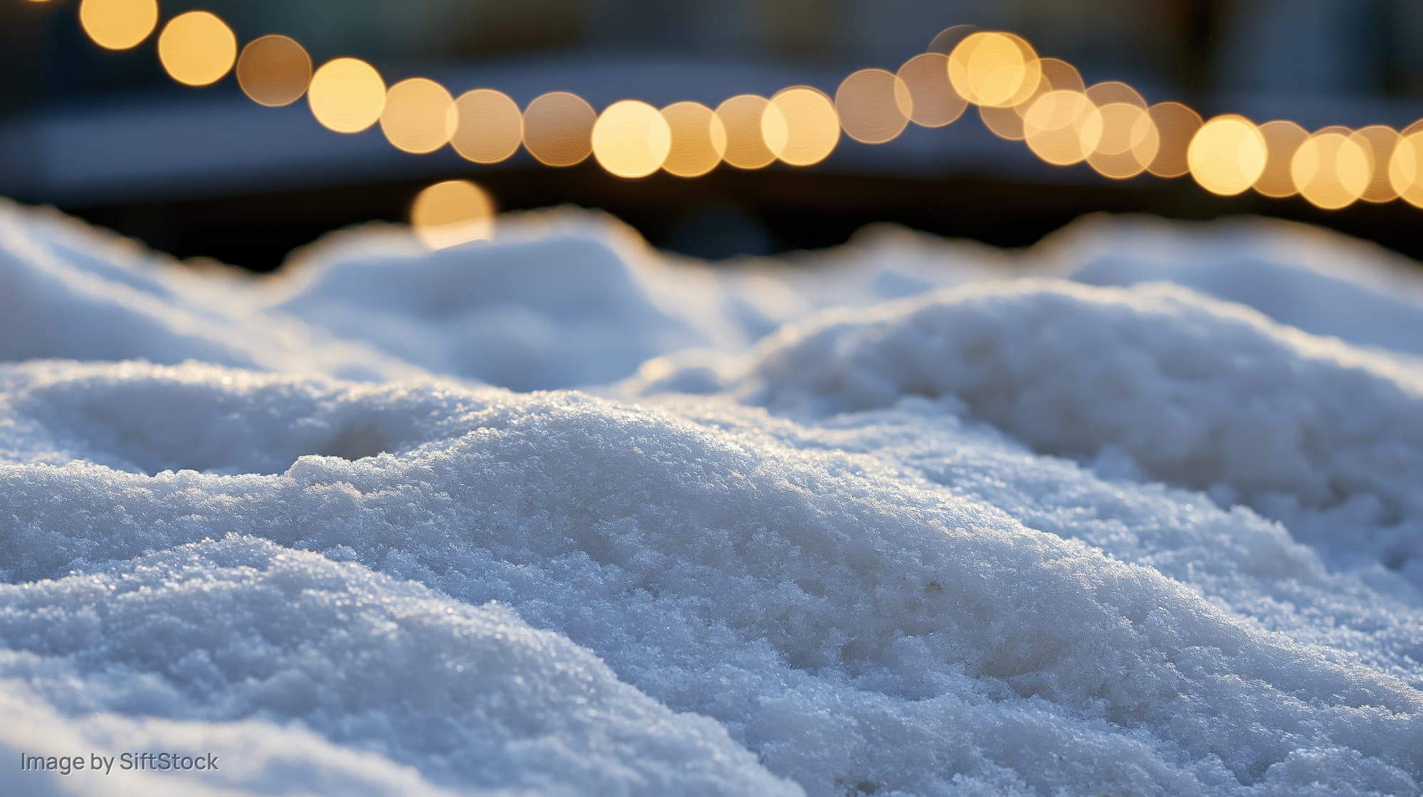 Closeup of soft snow mounds with blurred golden lights in the background