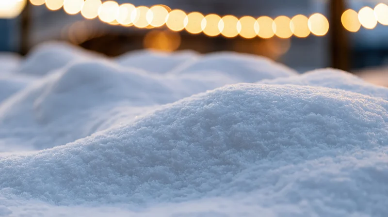 Close-up of soft snow mounds in the foreground gently lit by warm bokeh lights in the background