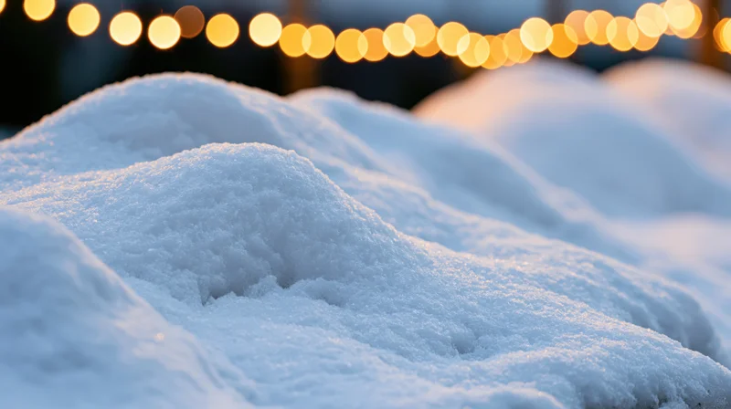 Closeup of soft snow mounds gently lit by warm string lights in the evening