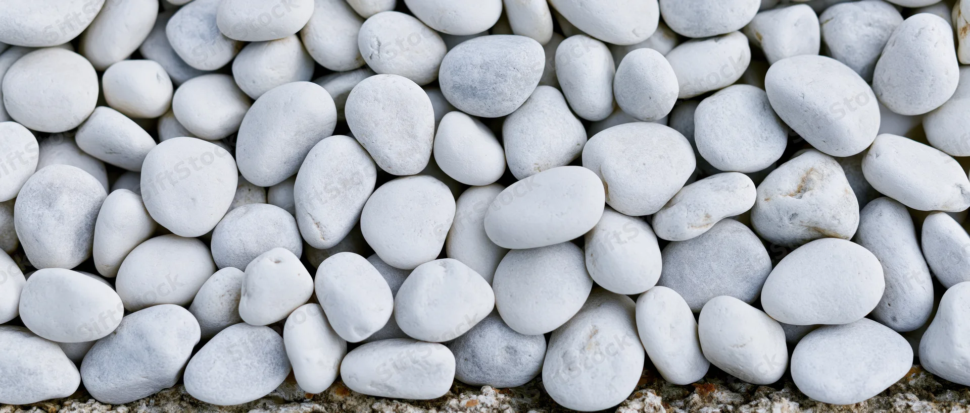 Close-up overhead view of smooth white pebbles densely arranged on a ground surface