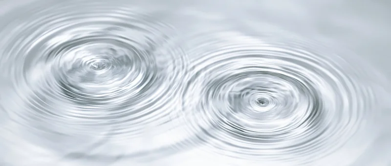 Close-up overhead view of two sets of concentric ripples spreading across a calm water surface