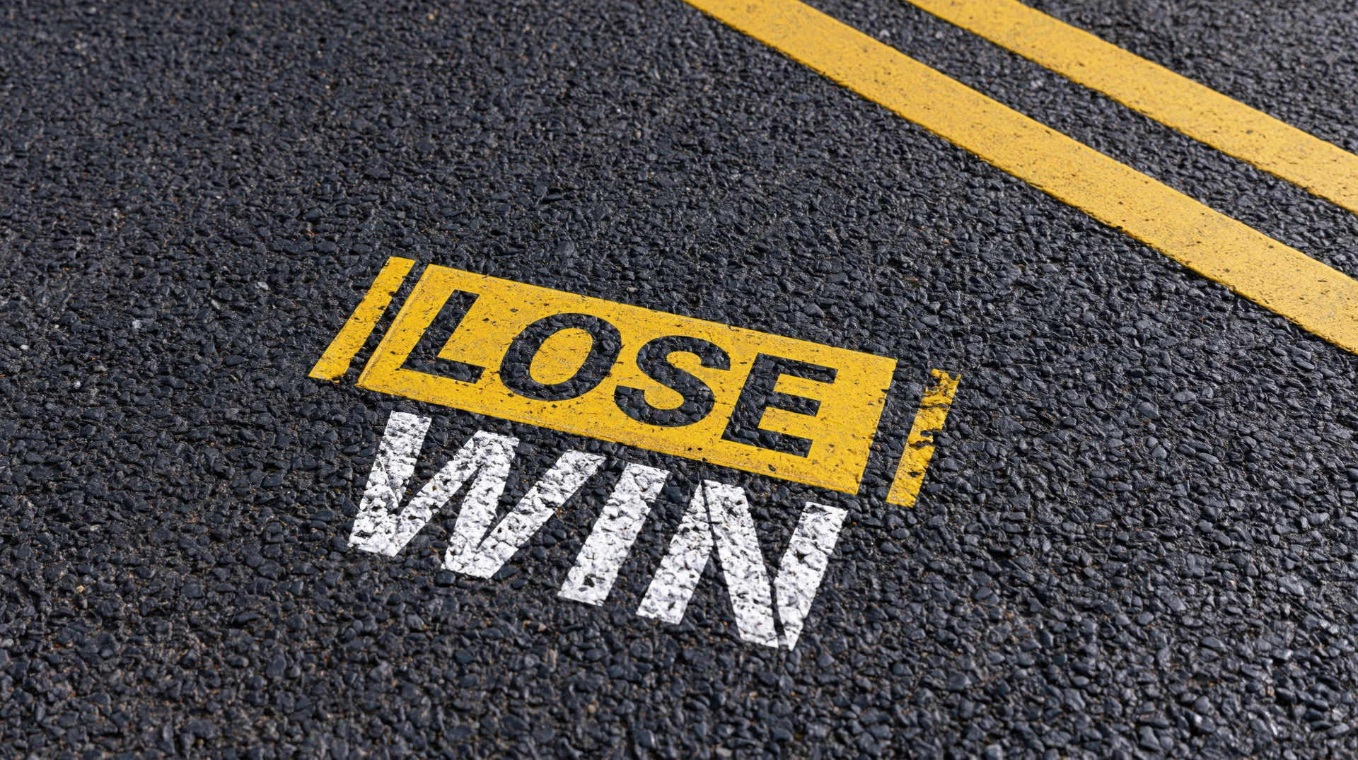 Painted win and lose words on dark asphalt road surface with yellow double line
