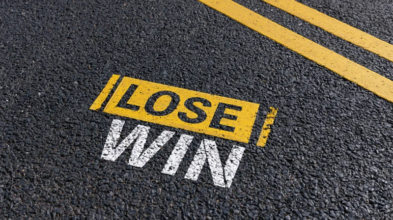 Painted win and lose words on dark asphalt road surface with yellow double line