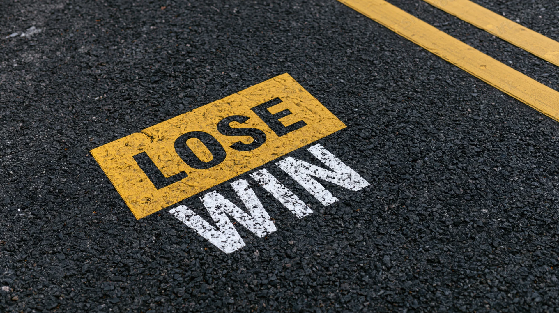 Painted words lose and win on dark asphalt road surface with yellow stripe