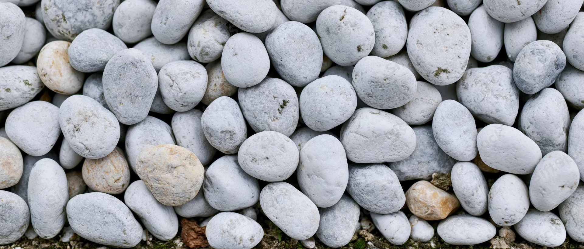 Smooth rounded river pebbles arranged in a dense overhead flat-lay pattern
