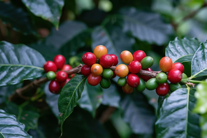 Coffee cherries at various ripeness stages on a branch surrounded by green leaves in a lush plant setting
