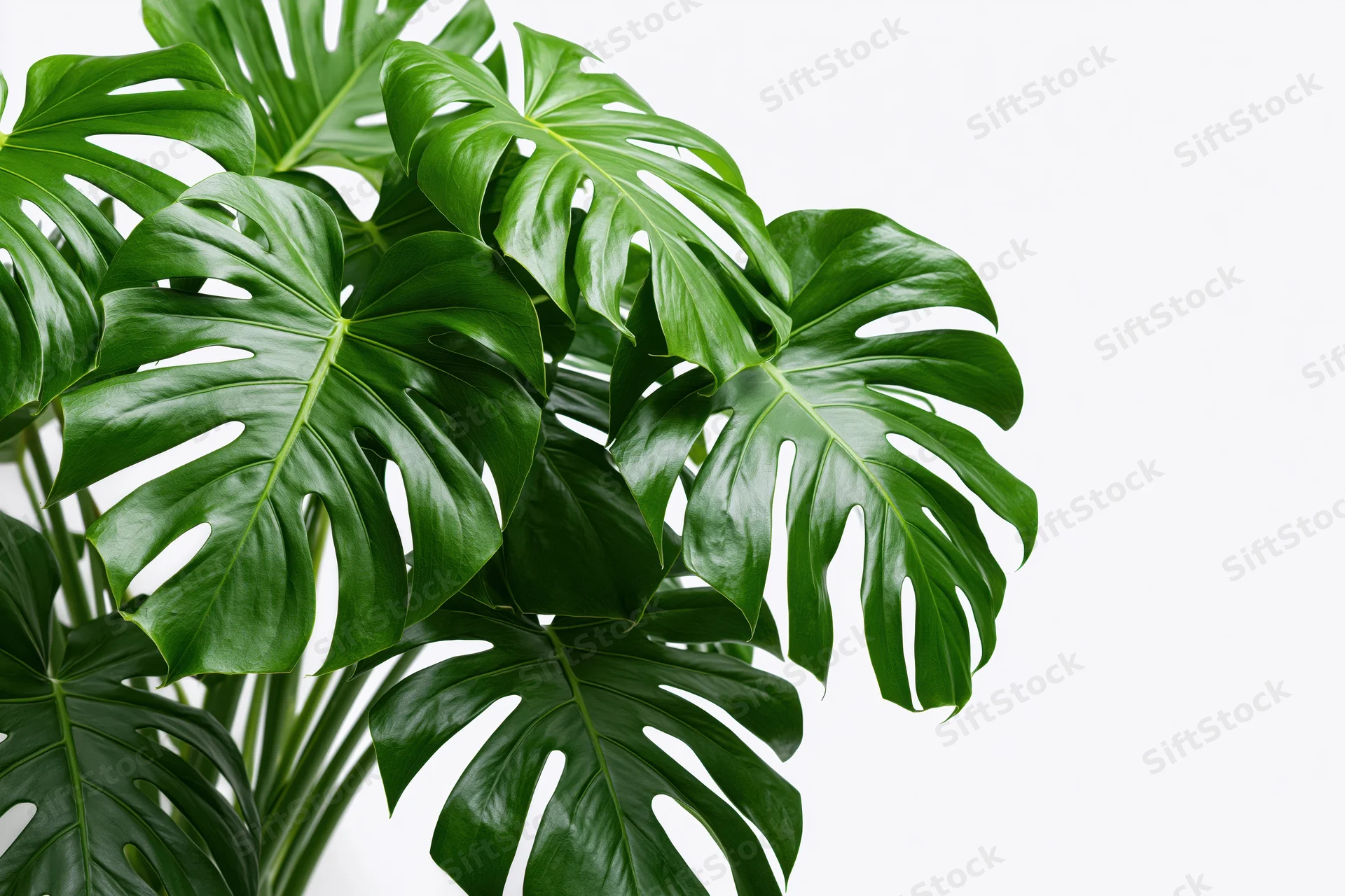 Cluster of monstera deliciosa leaves with split fenestrations on white background