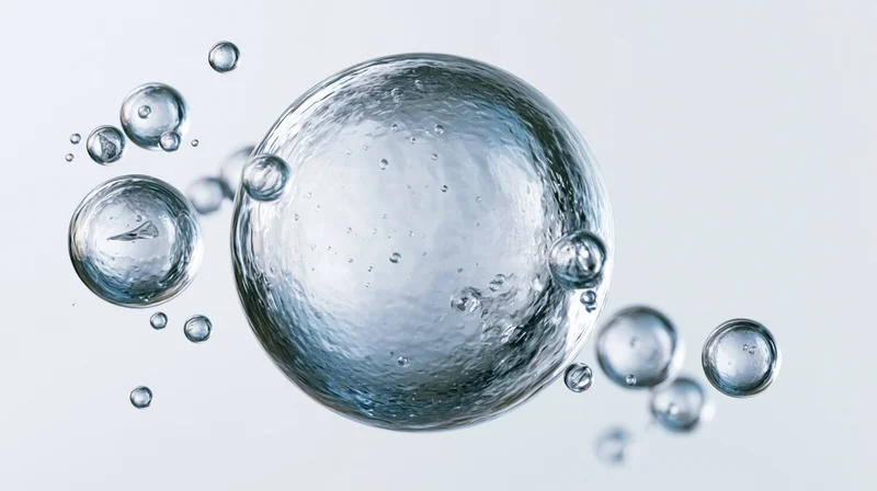 Cluster of translucent water bubbles floating mid-air against a light background
