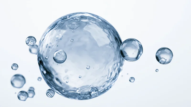 Translucent water bubbles floating mid-air against a white background