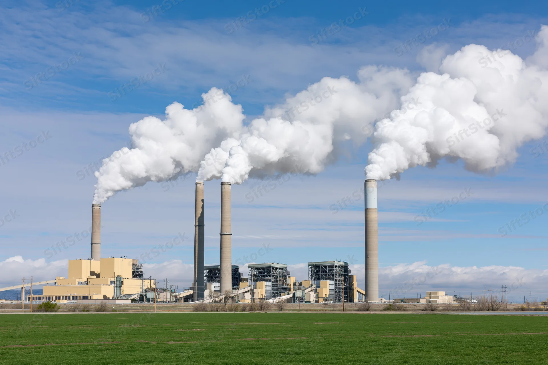 Coal-fired power plant with three tall smokestacks emitting white smoke against a blue sky over a green field
