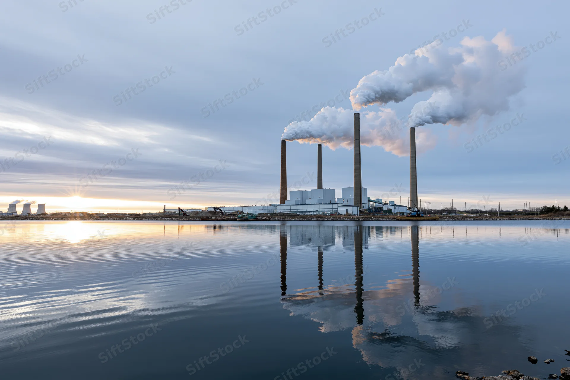 Coal-fired power plant with smokestacks emitting steam over a river at sunset