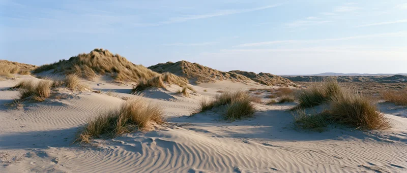 Coastal sand dunes with marram grass clusters under a clear sky