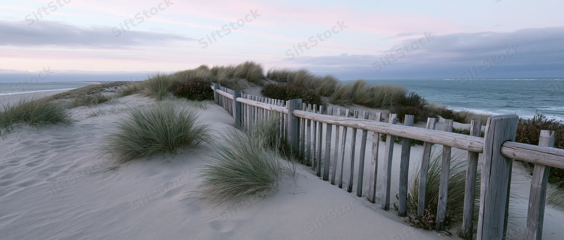 Wooden fence winding through sand dunes with marram grass near the ocean at dusk