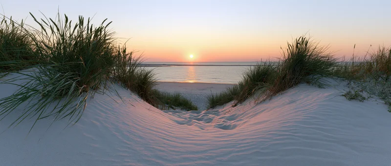 Sand dunes with marram grass framing a view of the ocean at sunset