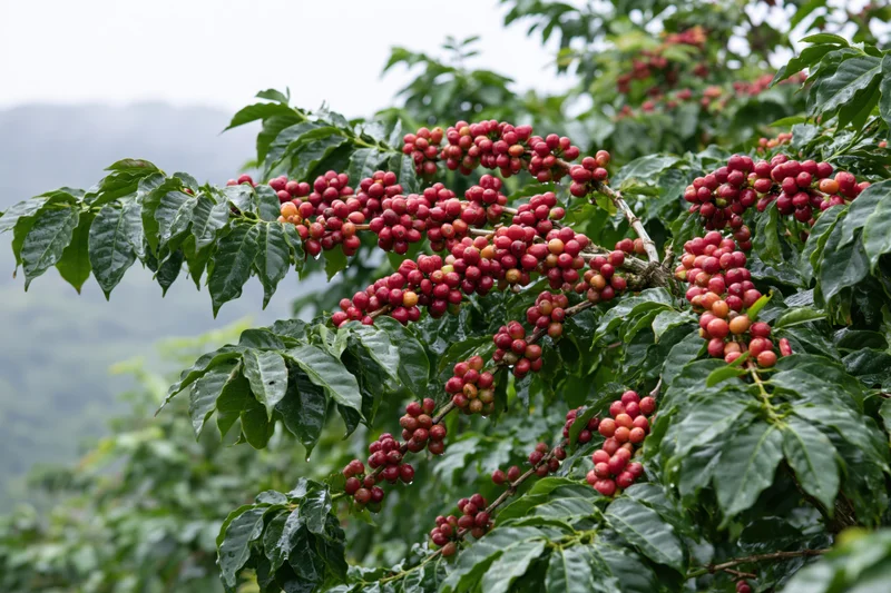 Coffee plant branches heavy with clusters of ripe red cherries in a lush green farm setting