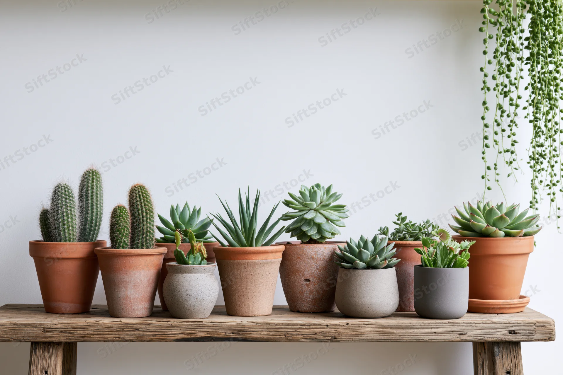 Potted succulents and cacti arranged in terracotta and ceramic pots on a wooden table against a white wall