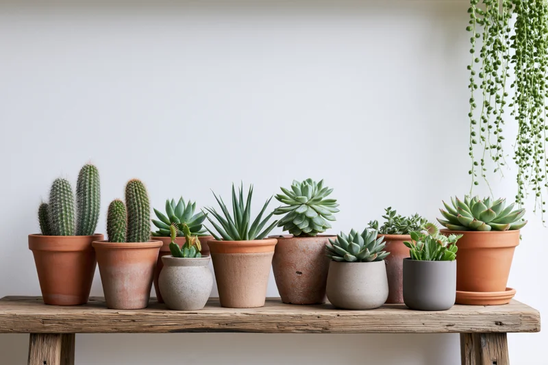 Potted succulents and cacti arranged in terracotta and ceramic pots on a wooden table against a white wall