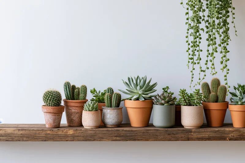 Potted succulents and cacti arranged in a row on a wooden shelf against a white wall