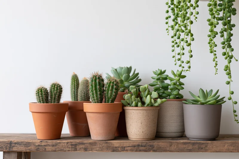 Potted succulents and cacti arranged on a wooden shelf indoors