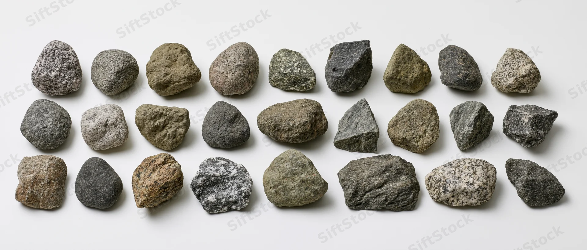 Collection of rough stones arranged in rows on white background