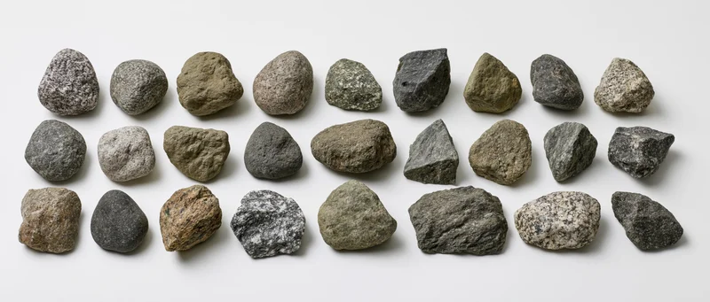 Collection of rough stones arranged in rows on white background