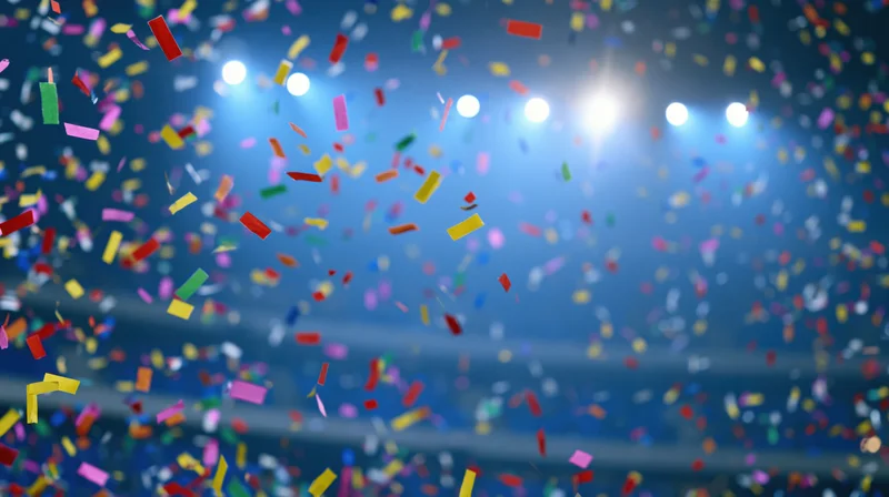 Colorful paper confetti falling in front of stage spotlights during a celebration event