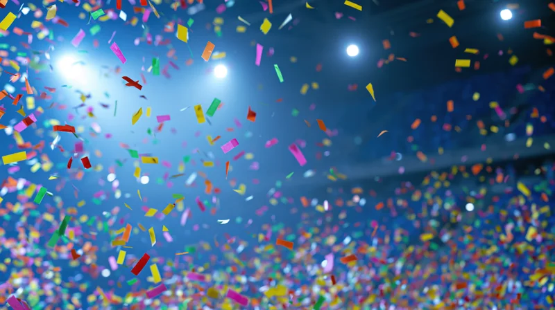 Colorful paper confetti falling through air in a lit indoor venue