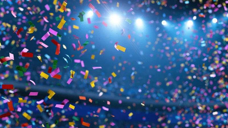 Colorful paper confetti falling in mid-air under bright spotlights inside a concert venue