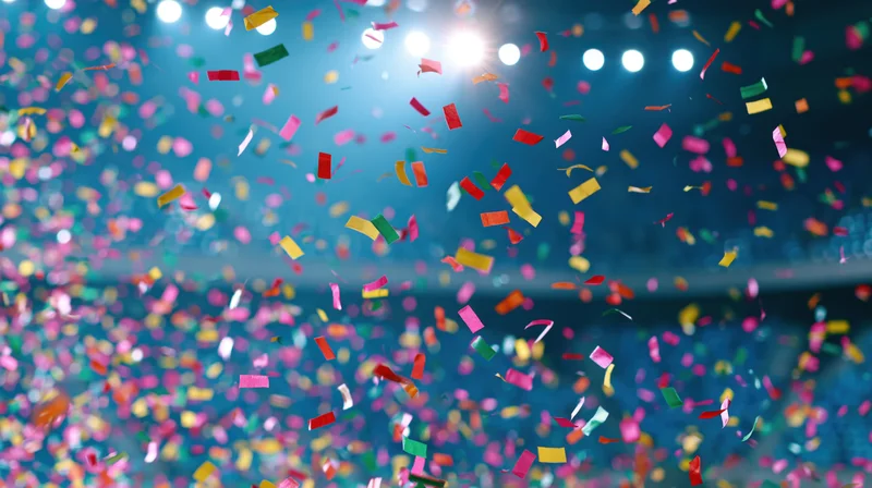 Colorful paper confetti falling in mid-air inside a lit stage venue
