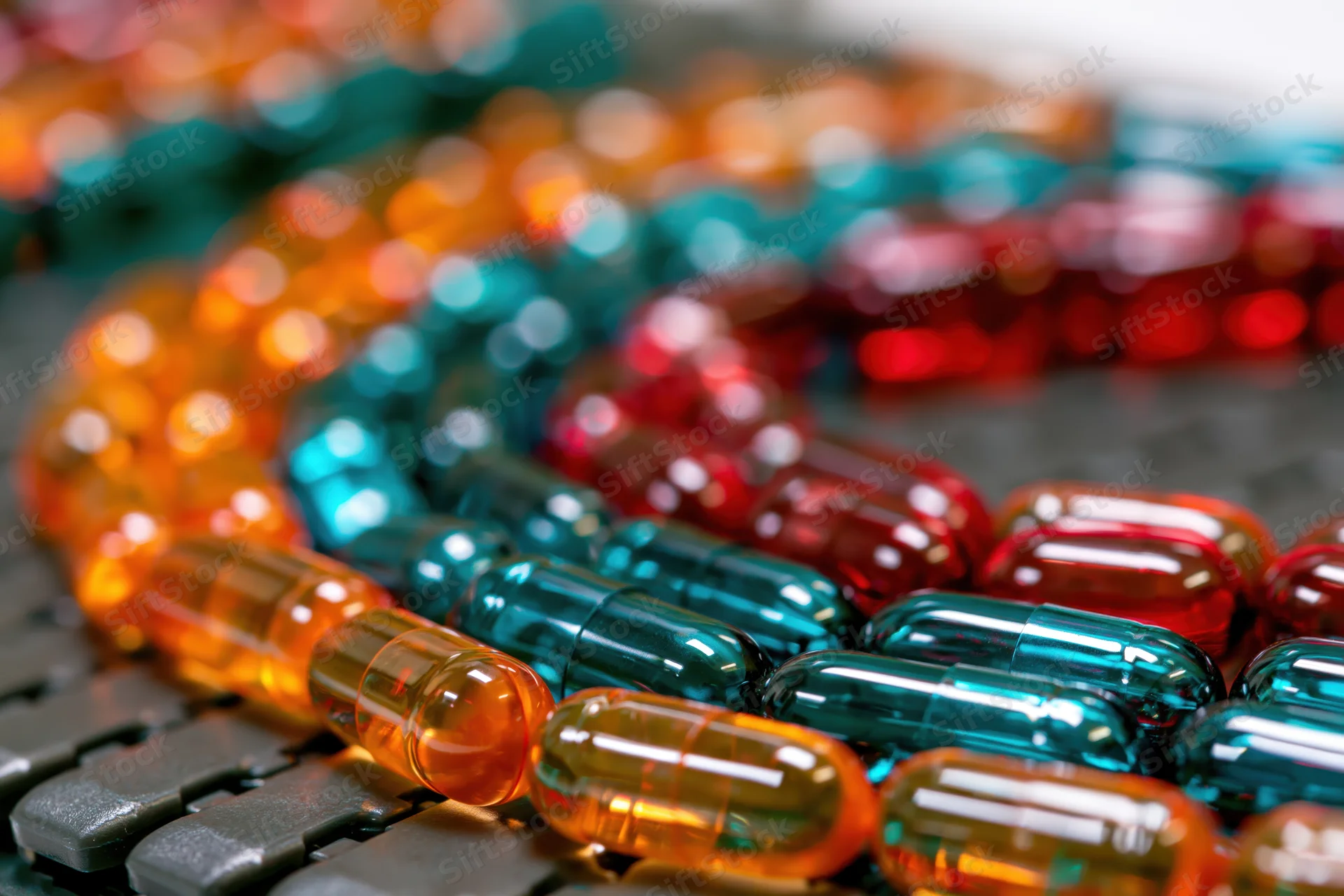Colorful translucent gel capsules arranged on a black keyboard surface in closeup macro view