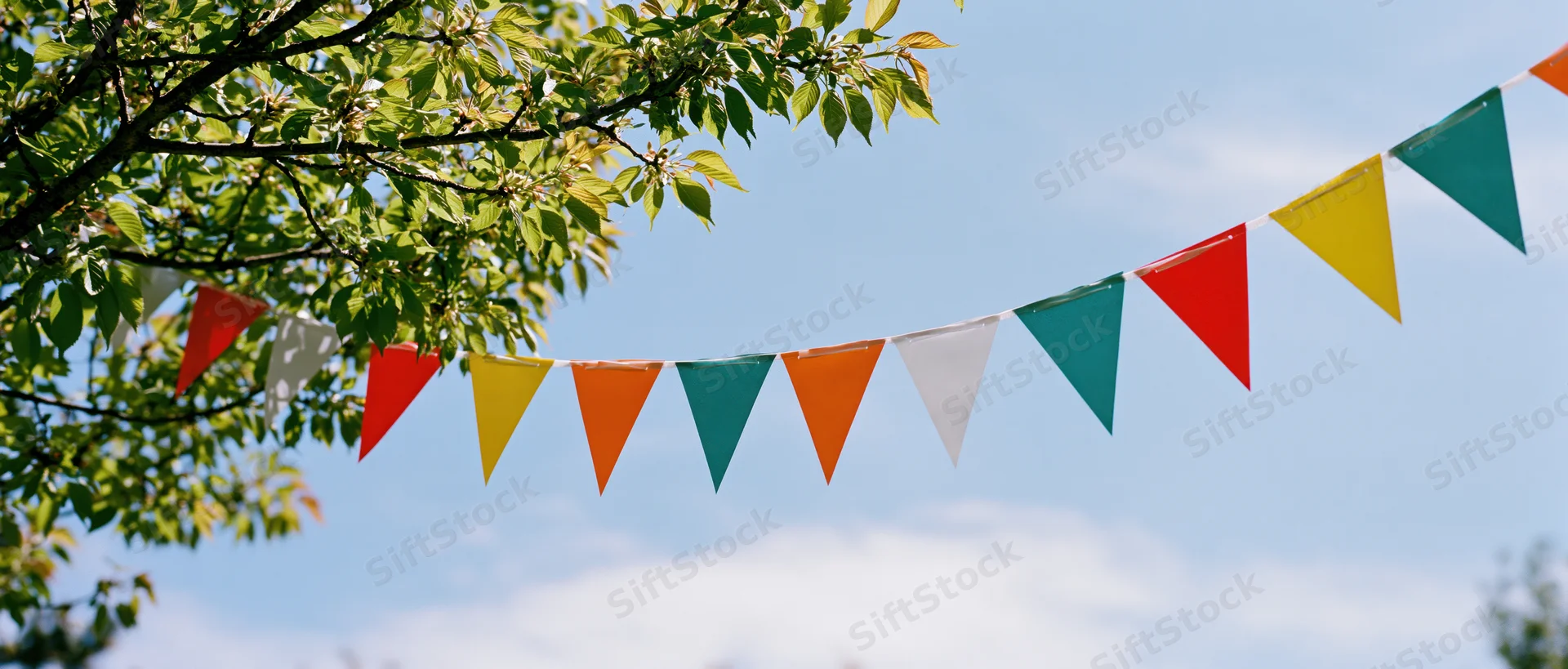 Colorful triangular paper bunting flags strung between tree branches against a blue sky