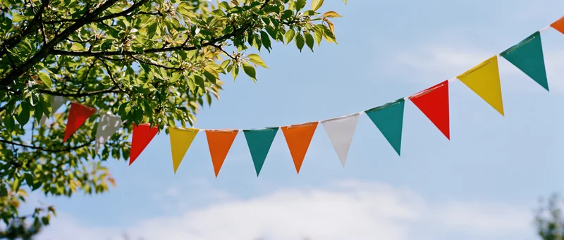 Colorful triangular paper bunting flags strung between tree branches against a blue sky