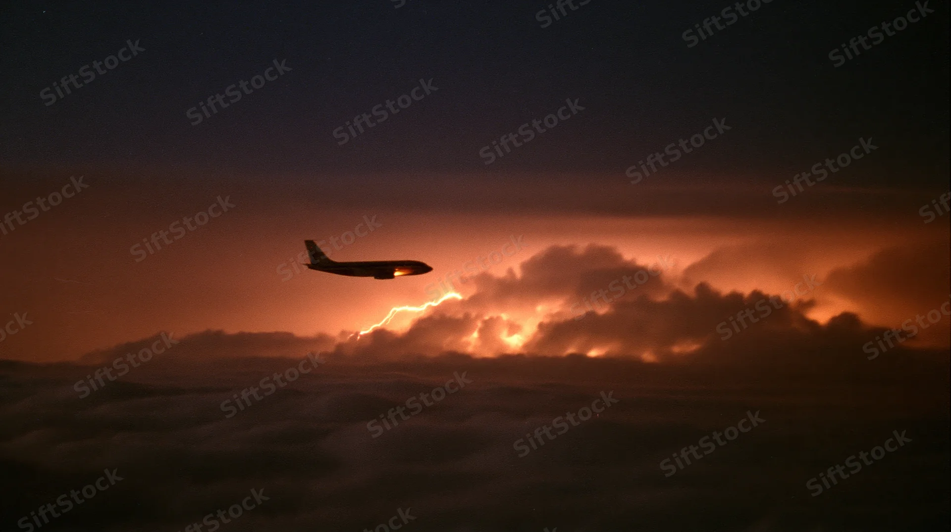 Commercial airplane flying above cloud layer during stormy night with lightning in sky