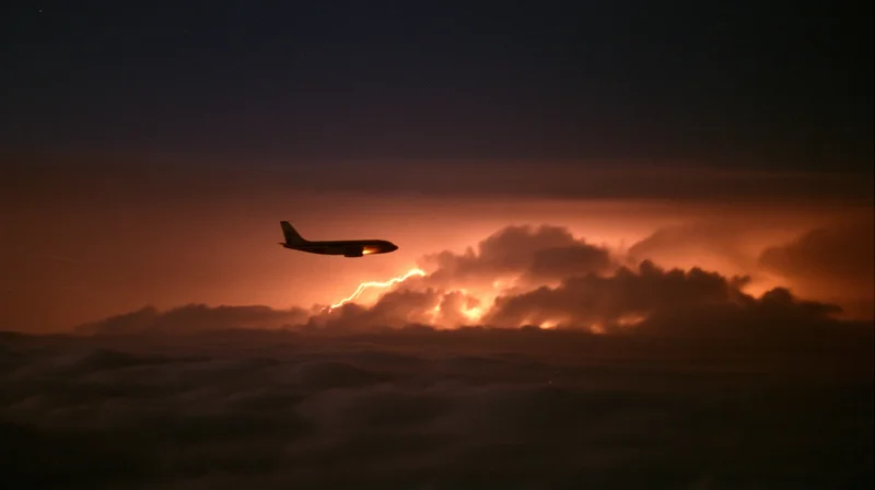 Commercial airplane flying above cloud layer during stormy night with lightning in sky