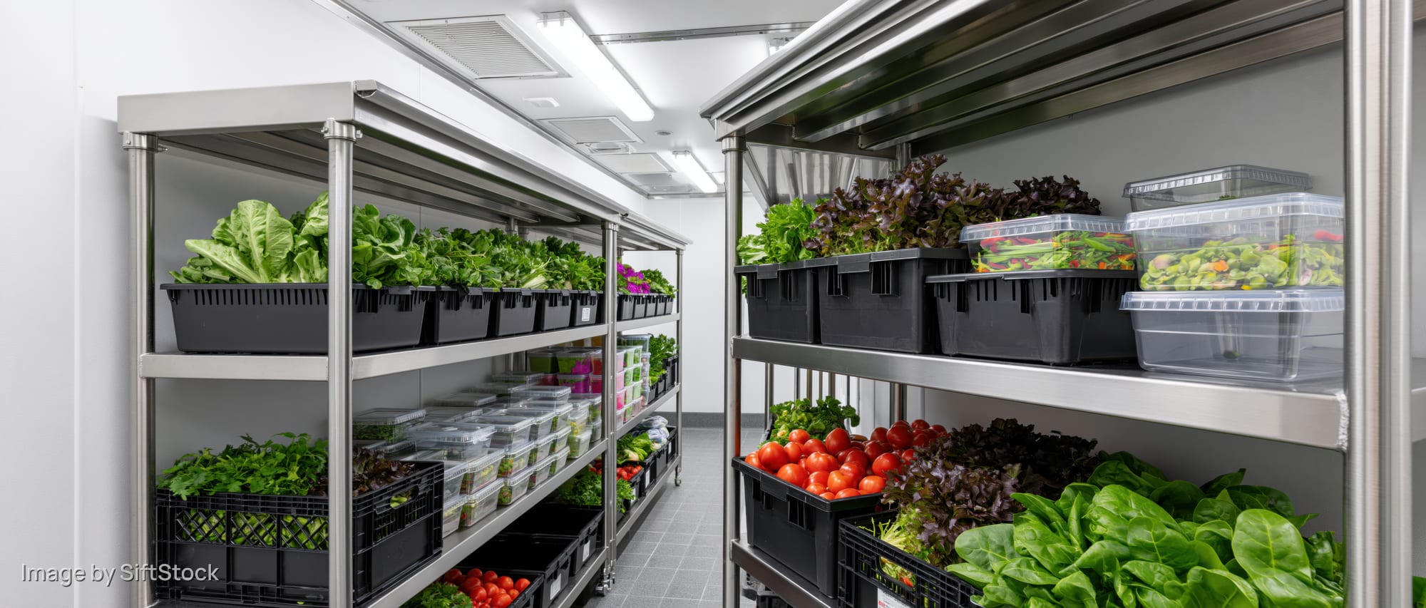 Stainless steel shelves stocked with fresh vegetables and greens inside a commercial walk-in refrigerator