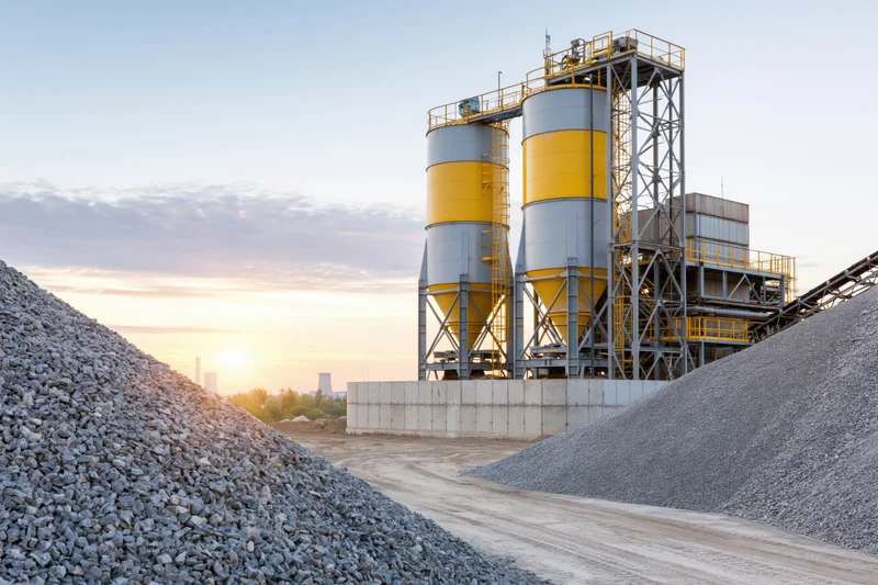 Concrete batching plant with two tall cylindrical silos and piles of gravel at sunset