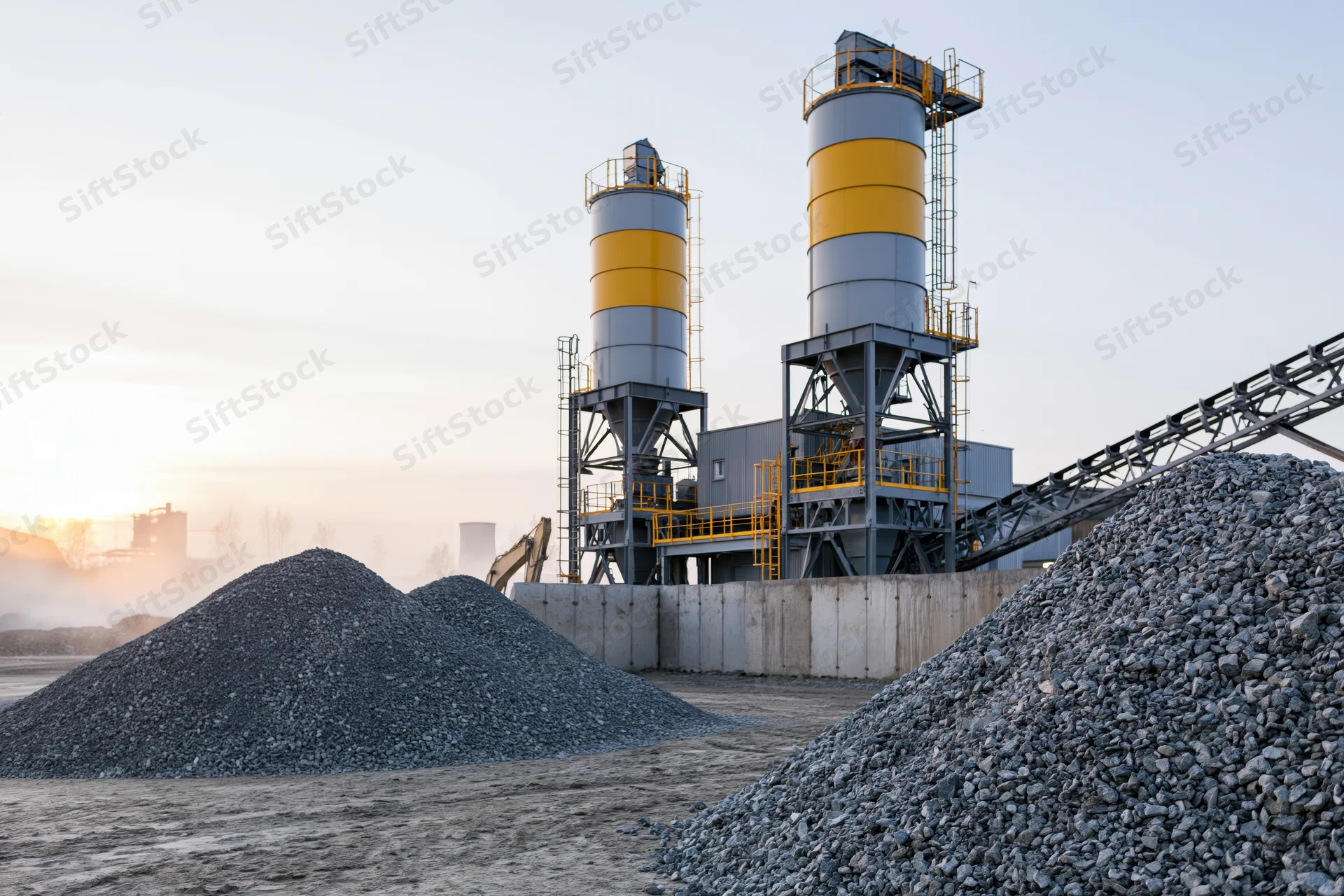 Concrete batching plant with two tall cylindrical silos and gravel piles at outdoor construction site