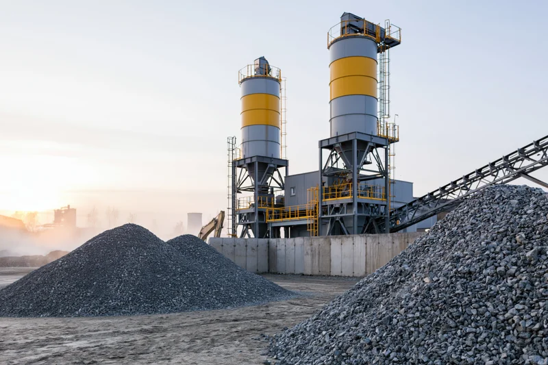 Concrete batching plant with two tall cylindrical silos and gravel piles at outdoor construction site