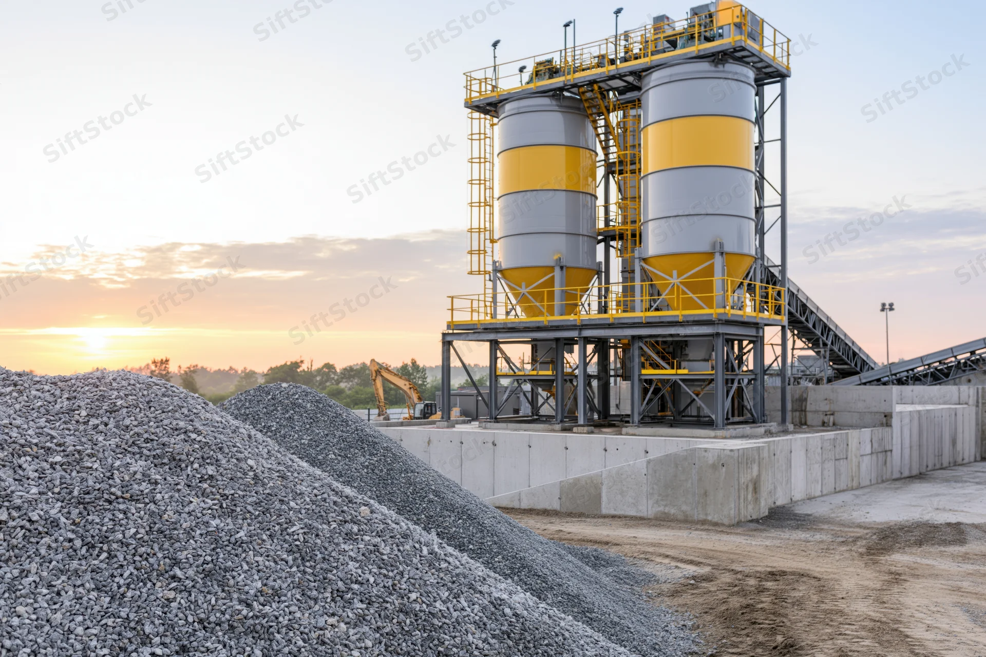 Concrete batching plant with two tall cylindrical silos and gravel piles at sunset