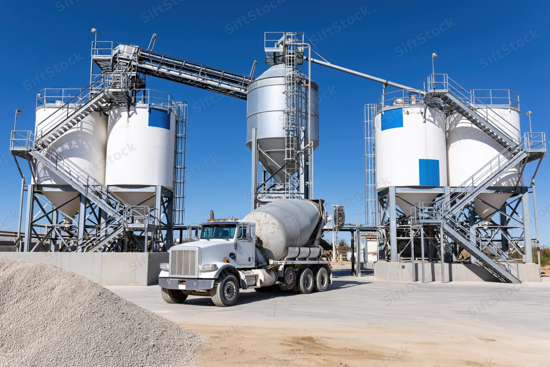 White concrete mixer truck parked at cement batching plant facility
